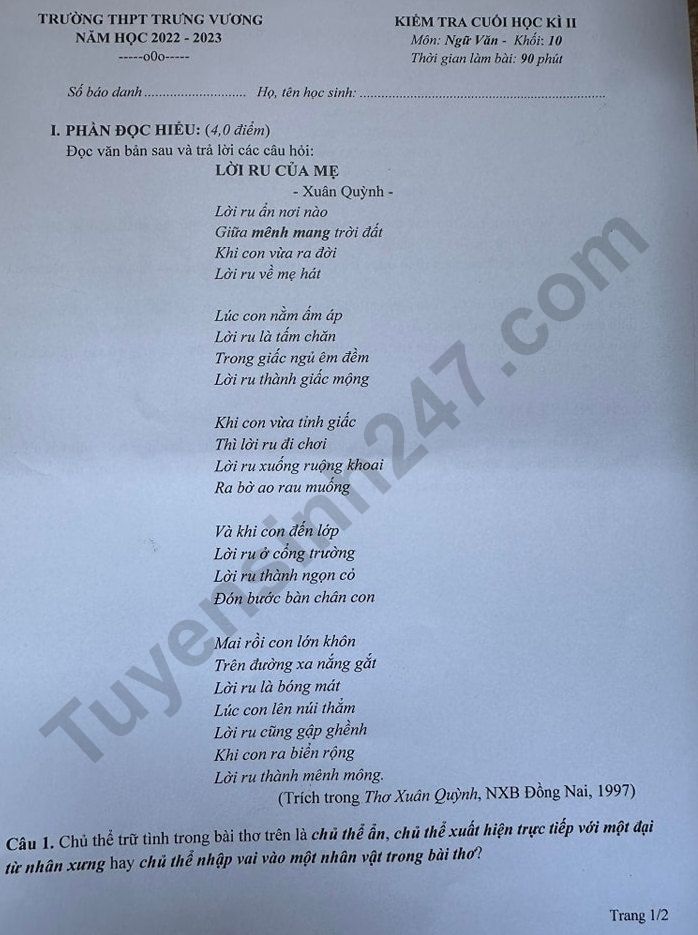 De thi ki 2 mon Van lop 10 nam 2023 - THPT Trung Vuong