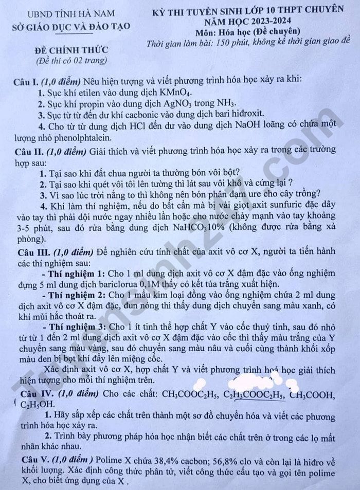 De thi vao lop 10 THPT chuyen Bien Hoa 2023 - mon Hoa chuyen
