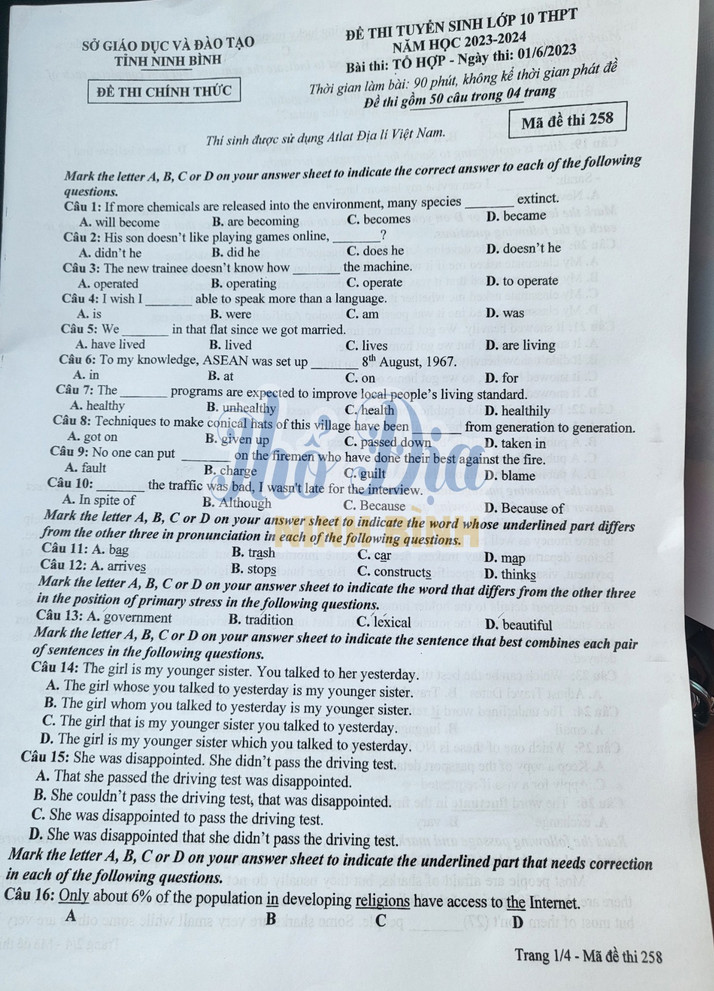 De tuyen sinh vao lop 10 Ninh Binh mon to hop 2023 - Co dap an