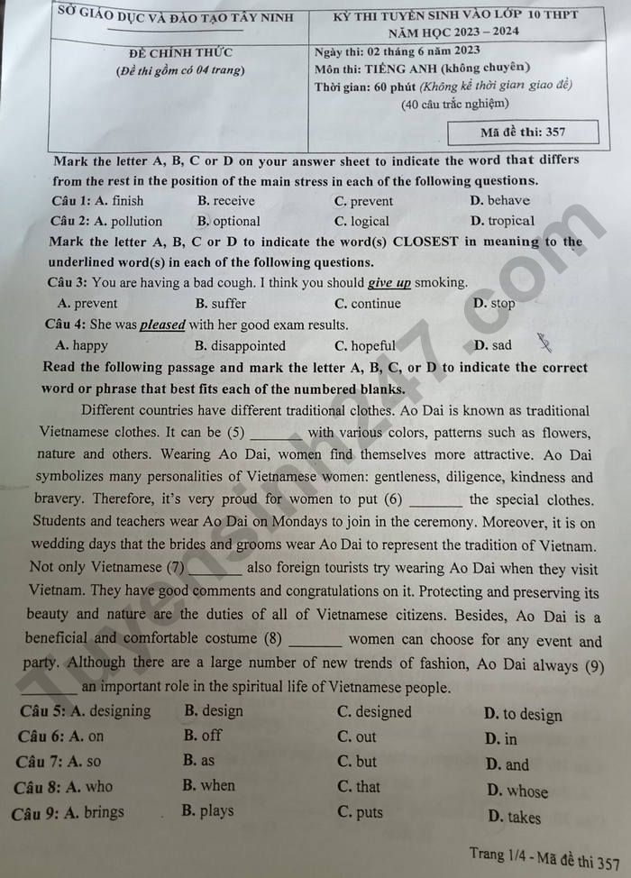 De thi vao lop 10 tinh Tay Ninh mon Anh 2023 - Co dap an