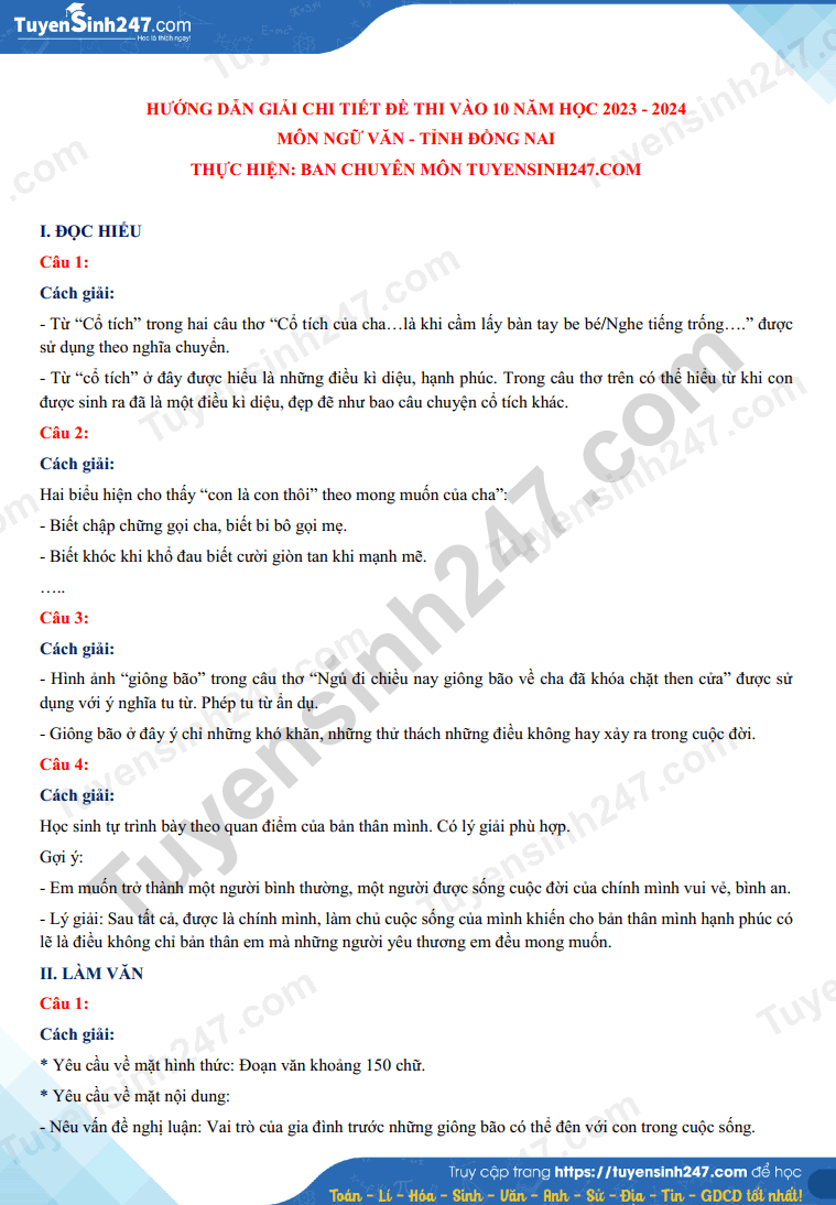 Dap an de thi mon Van vao lop 10 nam 2023 - Dong Nai