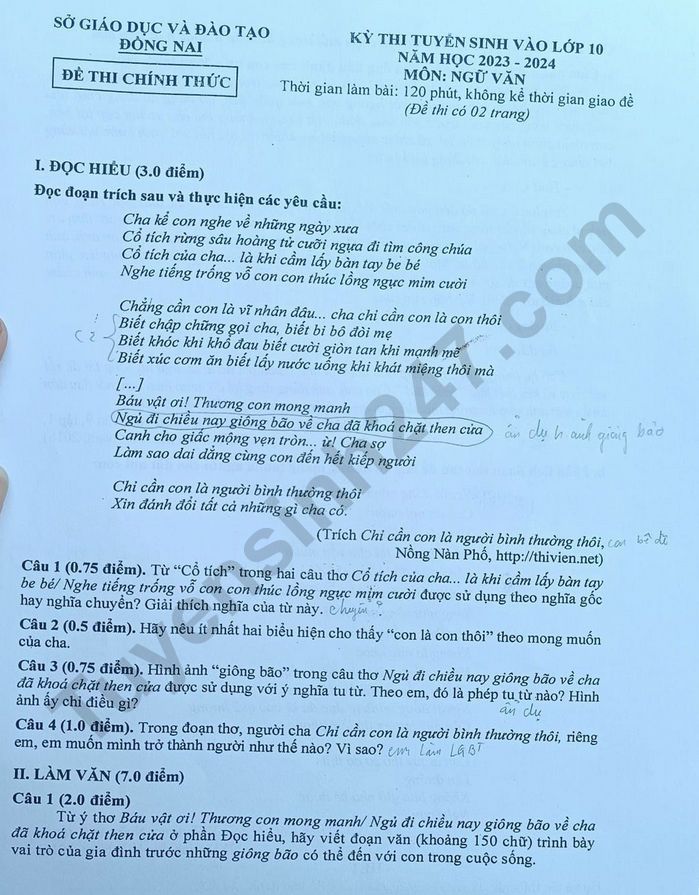 Dap an de thi mon Van vao lop 10 nam 2023 - Dong Nai