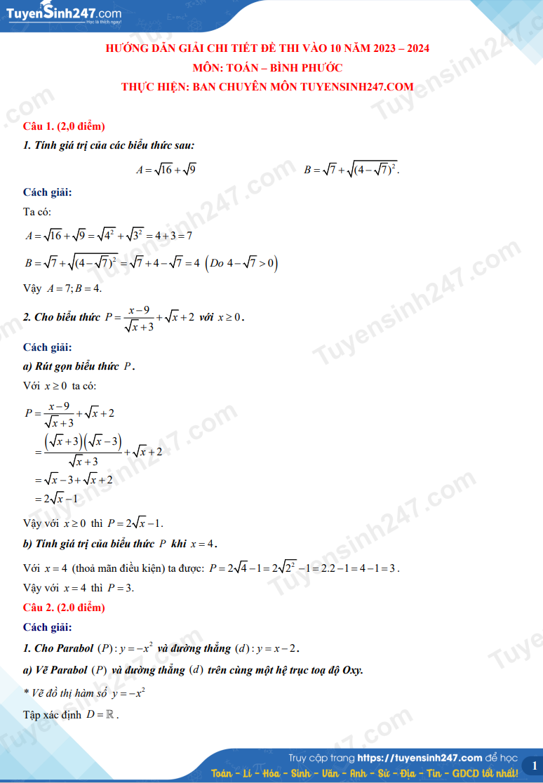 Dap an de thi mon Toan vao lop 10 nam 2023 - Binh Phuoc