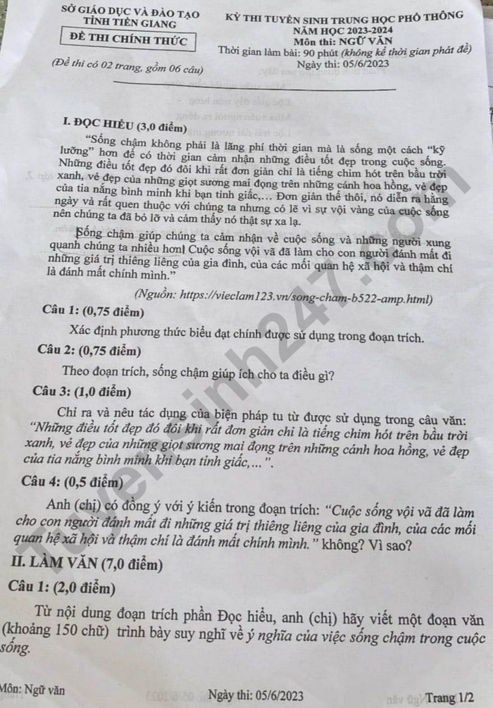 Dap an de thi vao lop 10 mon Van tinh Tien Giang 2023