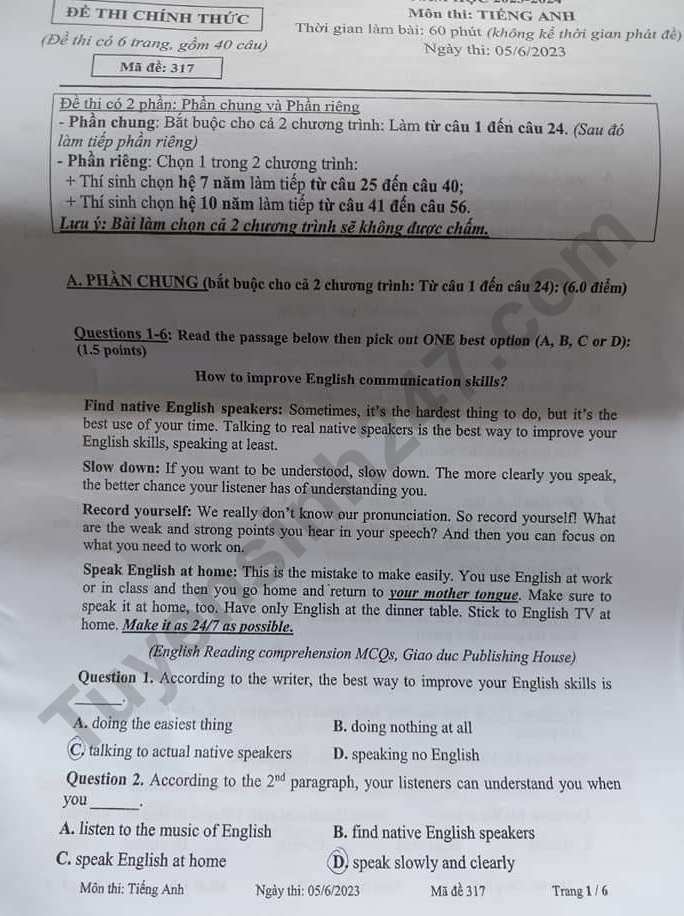 De thi tuyen sinh vao 10 tinh Tien Giang mon Anh nam 2023 - Co dap an