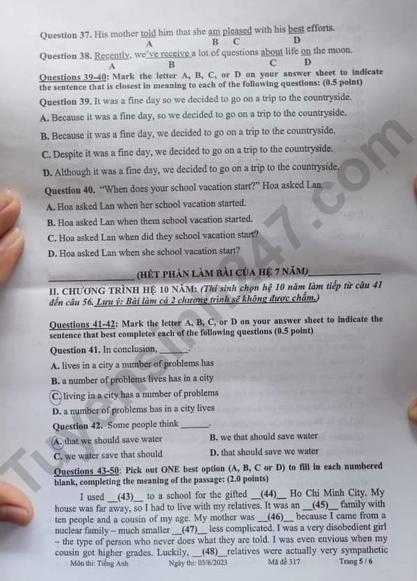 De thi tuyen sinh vao 10 tinh Tien Giang mon Anh nam 2023 - Co dap an