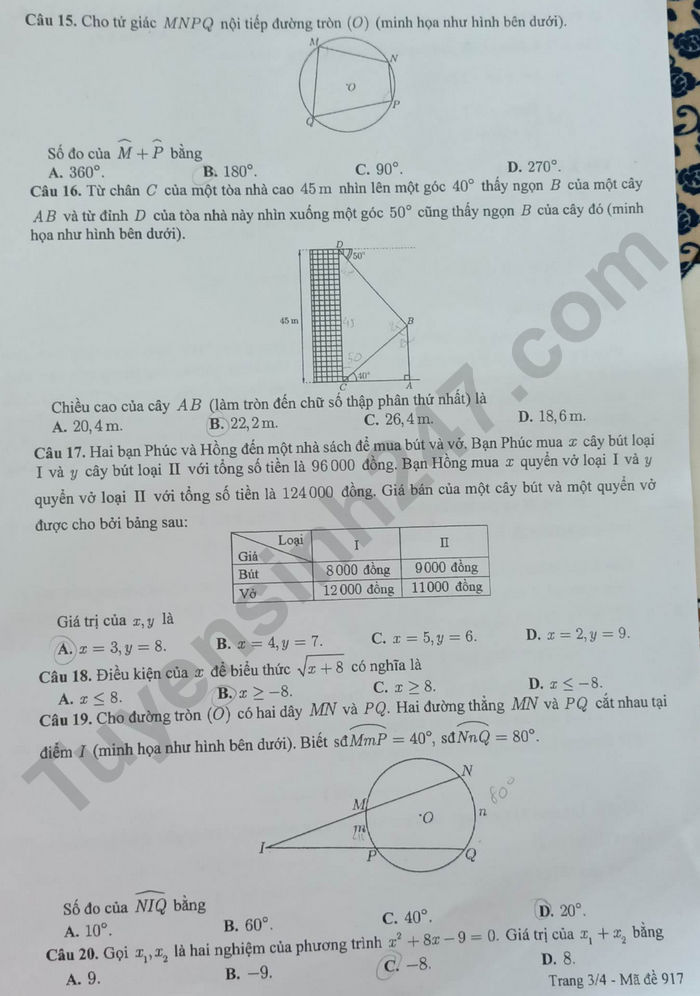 Dap an de thi vao lop 10 nam 2023 mon Toan - Can Tho