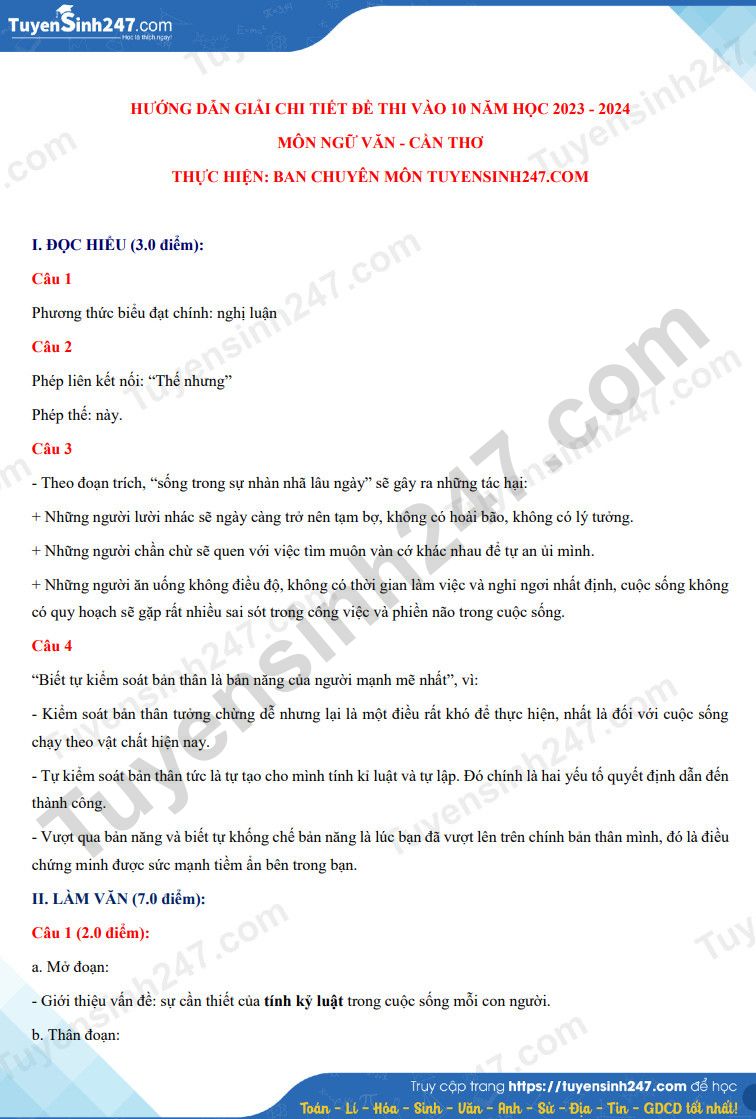 Dap an de thi vao lop 10 Can Tho mon Van nam 2023