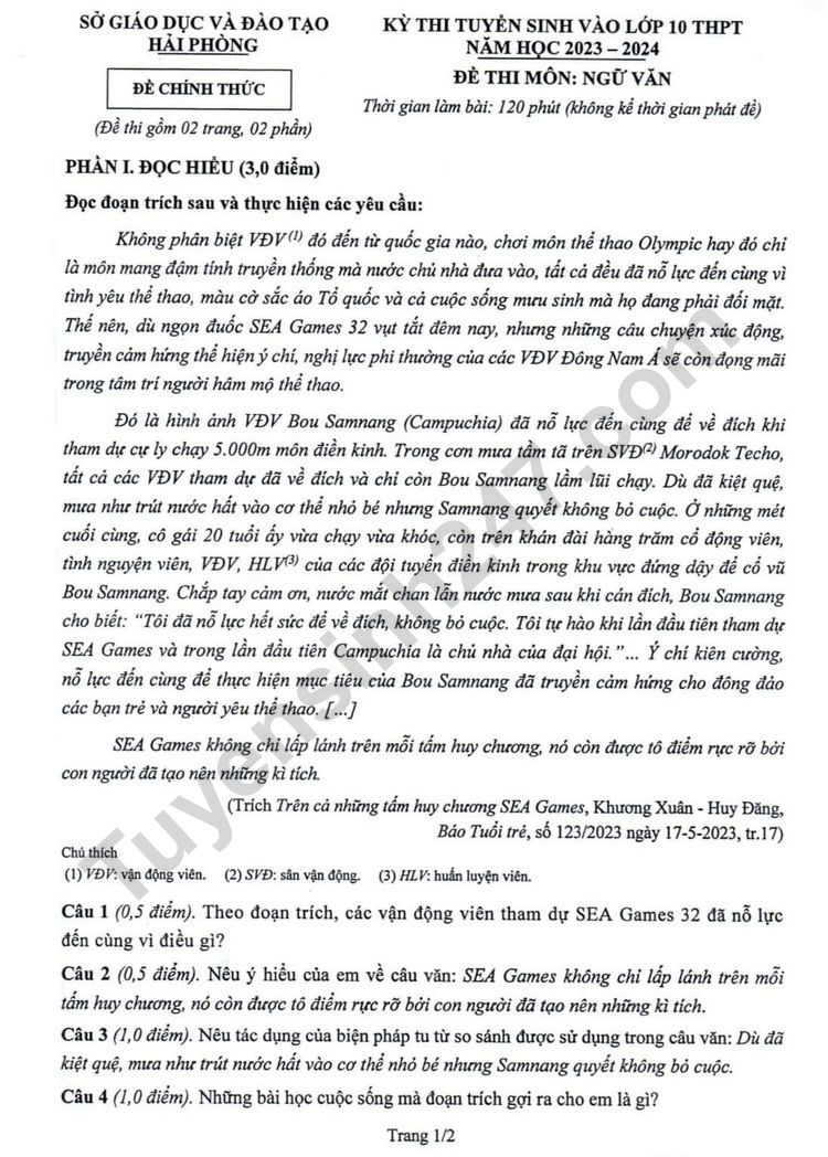 Dap an de thi vao lop 10 mon Van 2023 - Hai Phong