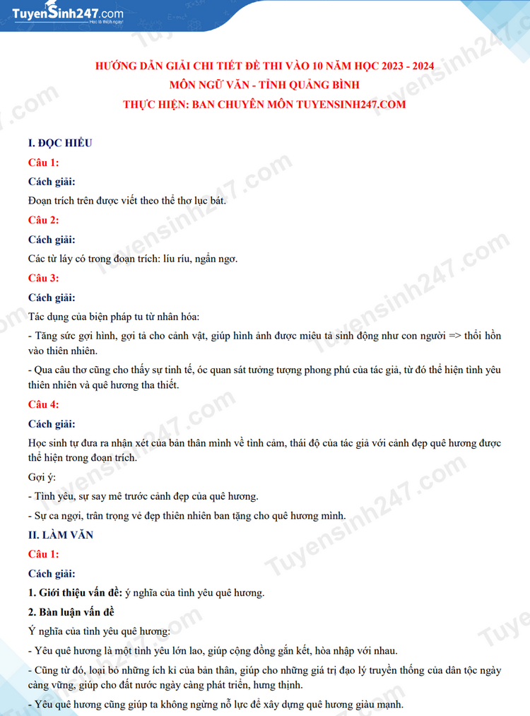 Dap an de thi vao lop 10 mon Van - Quang Binh 2023