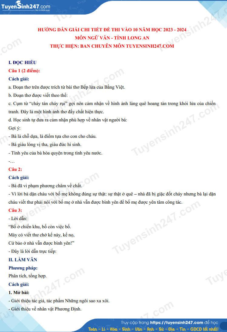 Dap an de thi mon Van - Long An vao lop 10 nam 2023