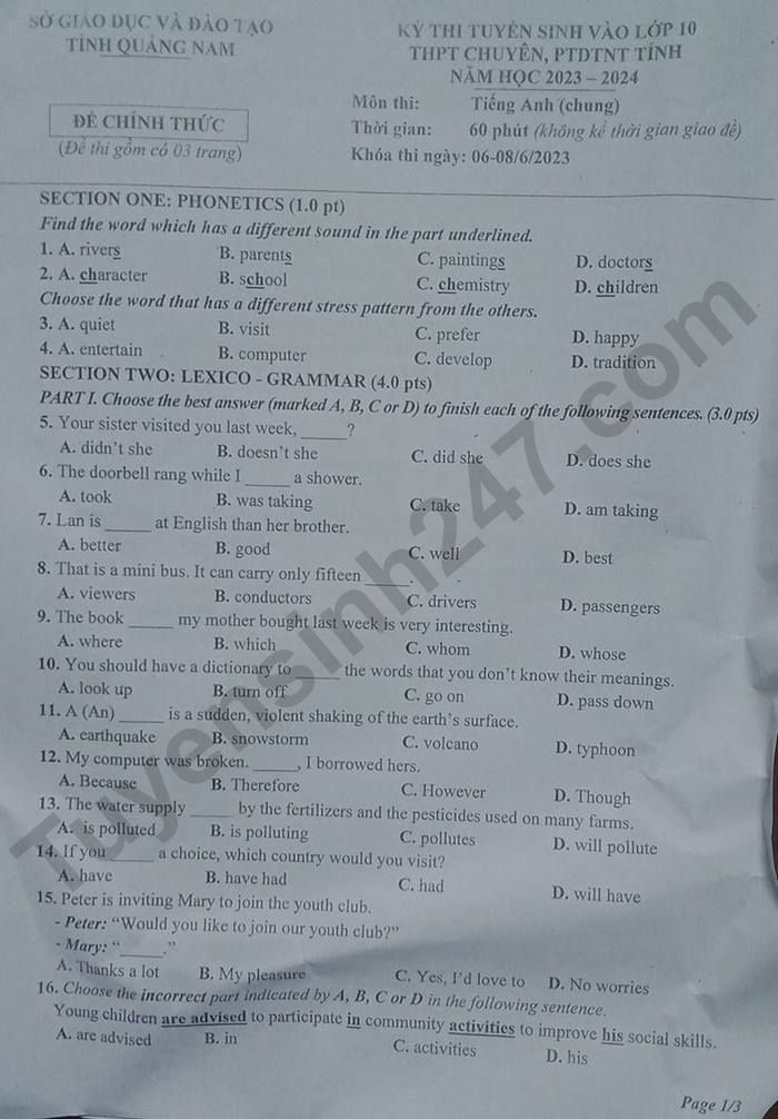 De thi vao lop 10 chuyen 2023 mon Anh tinh Quang Nam