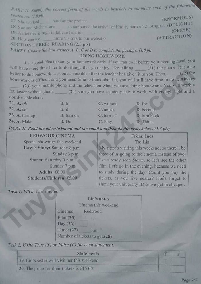 De thi vao lop 10 chuyen 2023 mon Anh tinh Quang Nam