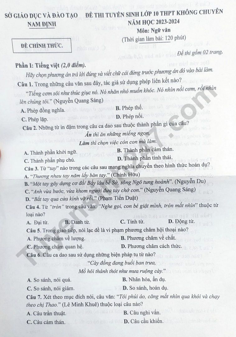 Dap an de thi vao lop 10 Nam Dinh mon Van nam 2023