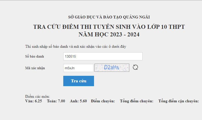 Da co diem thi tuyen sinh vao lop 10 Quang Ngai nam 2023