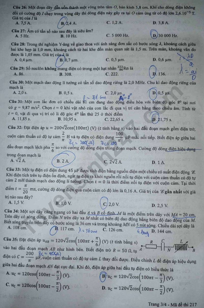 Dap an de thi mon Ly - Ma de 217 tot nghiep THPT 2023