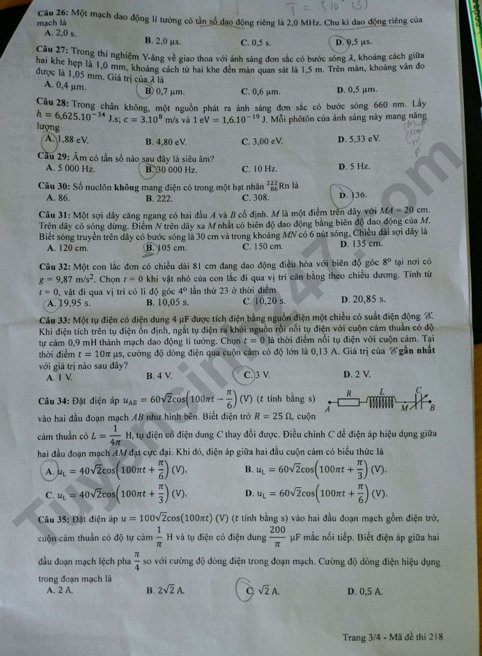 Dap an de thi mon Ly - Ma de 218 tot nghiep THPT 2023