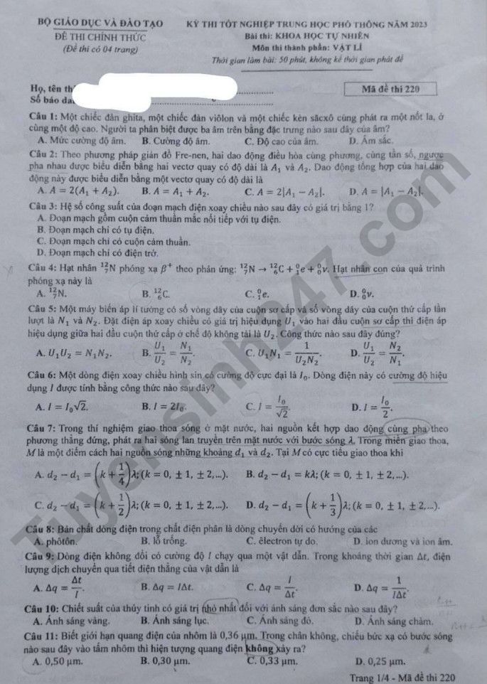 Dap an de thi mon Ly - Ma de 220 tot nghiep THPT 2023