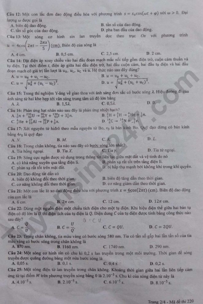 Dap an de thi mon Ly - Ma de 220 tot nghiep THPT 2023