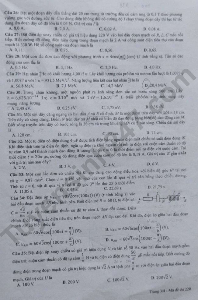 Dap an de thi mon Ly - Ma de 220 tot nghiep THPT 2023