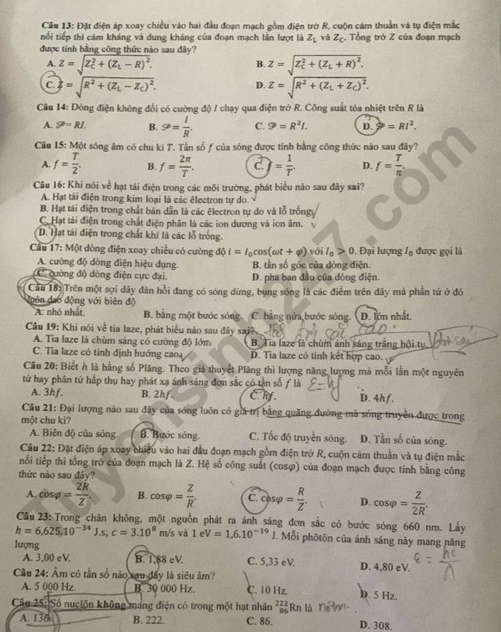 Dap an de thi mon Ly - Ma de 223 tot nghiep THPT 2023