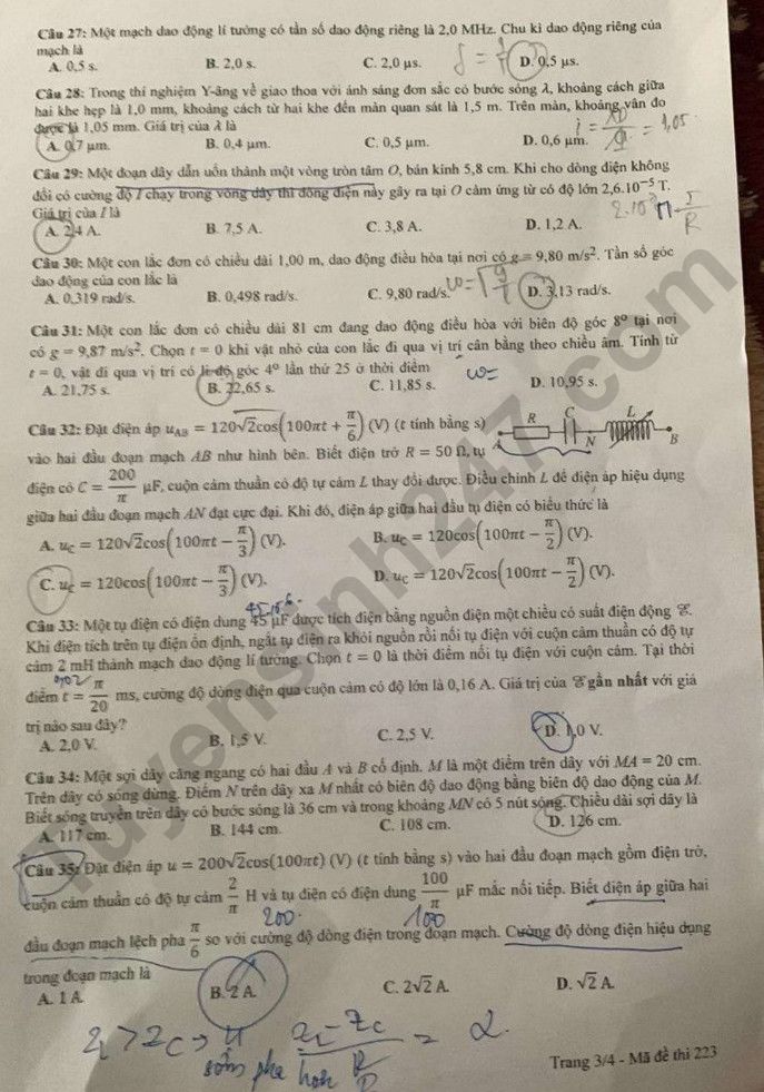 Dap an de thi mon Ly - Ma de 223 tot nghiep THPT 2023