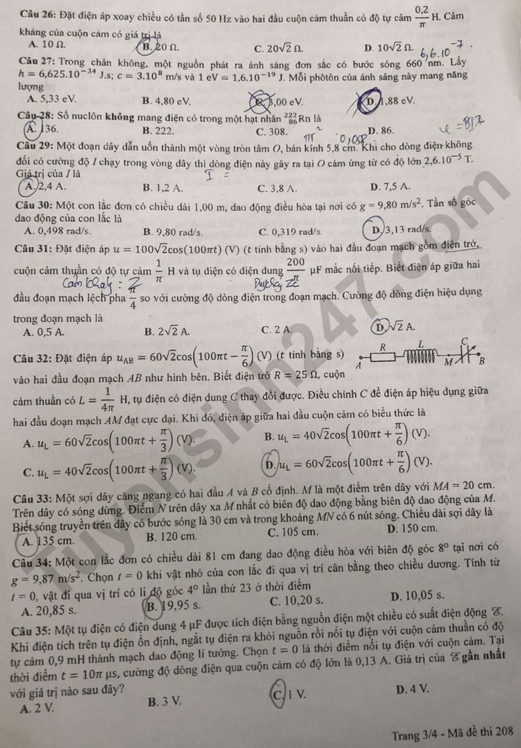 Dap an de thi mon Ly - Ma de 208 tot nghiep THPT 2023