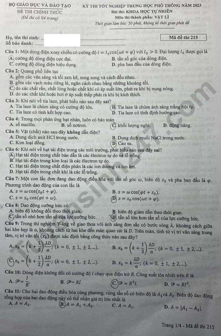 Dap an de thi mon Ly - Ma de 215 tot nghiep THPT 2023