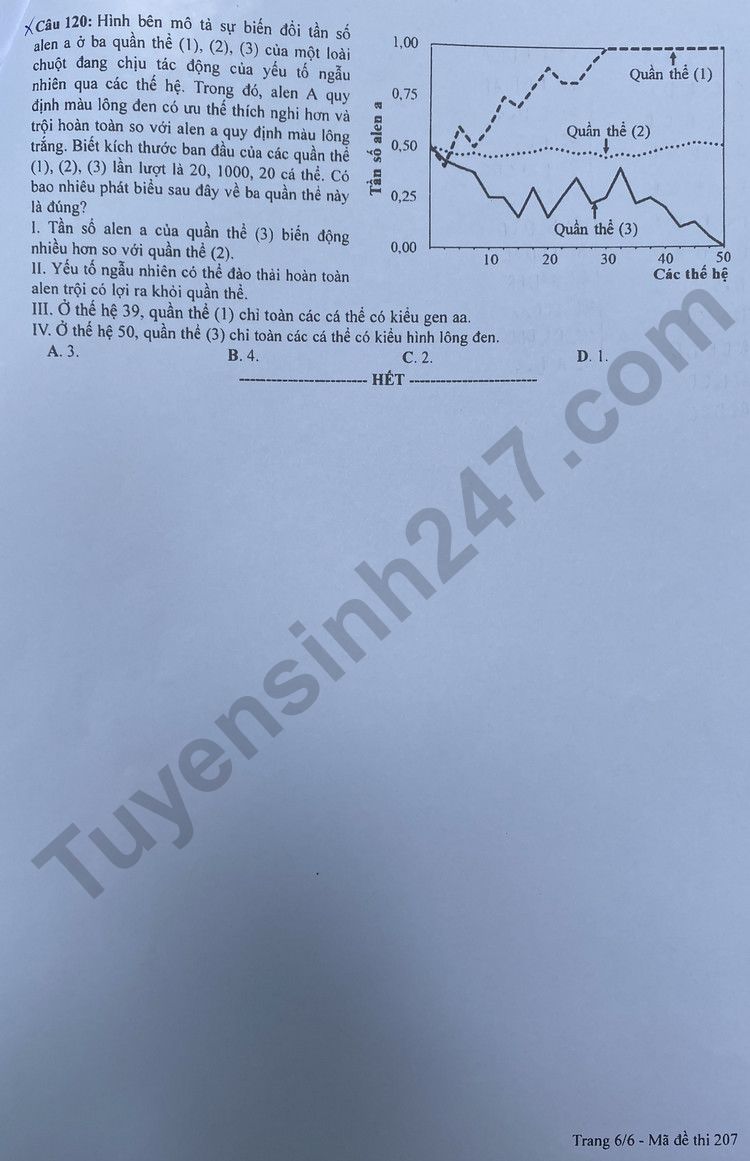 Dap an de thi tot nghiep THPT mon Sinh - Ma de 207 nam 2023