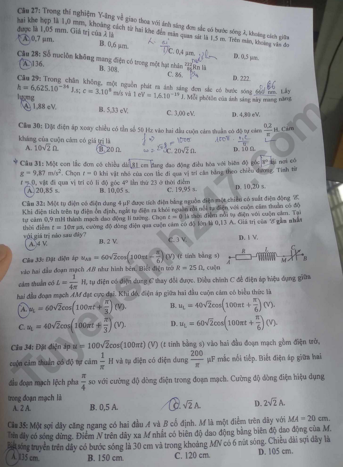 Dap an de thi mon Ly - Ma de 210 tot nghiep THPT 2023
