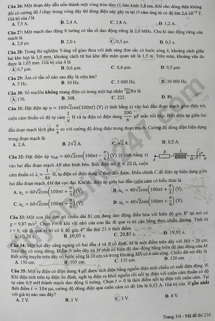 Dap an de thi mon Ly - Ma de 216 tot nghiep THPT 2023