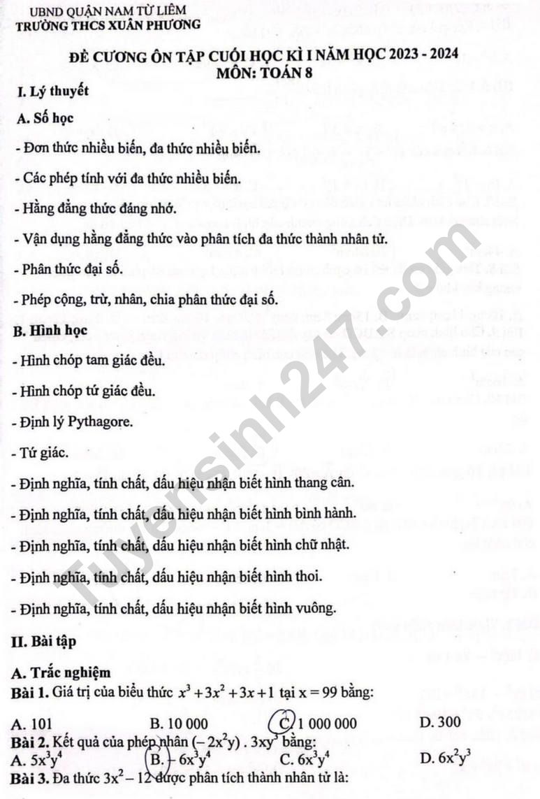 De cuong on tap ki 1 lop 8 mon Toan 2023 - THCS Xuan Phuong