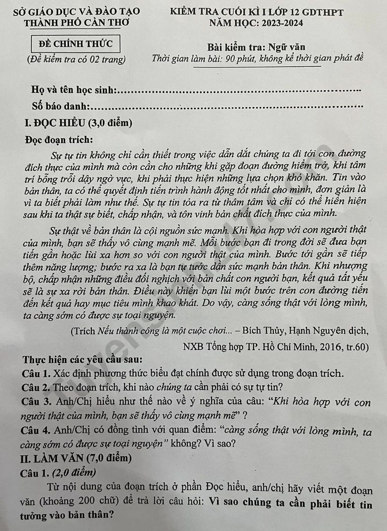 De thi ki 1 mon Van lop 12 nam 2023 - So GD Can Tho
