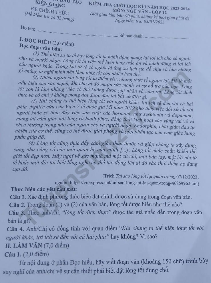 De thi cuoi ki 1 mon Van lop 12 - So GD Kien Giang 2023