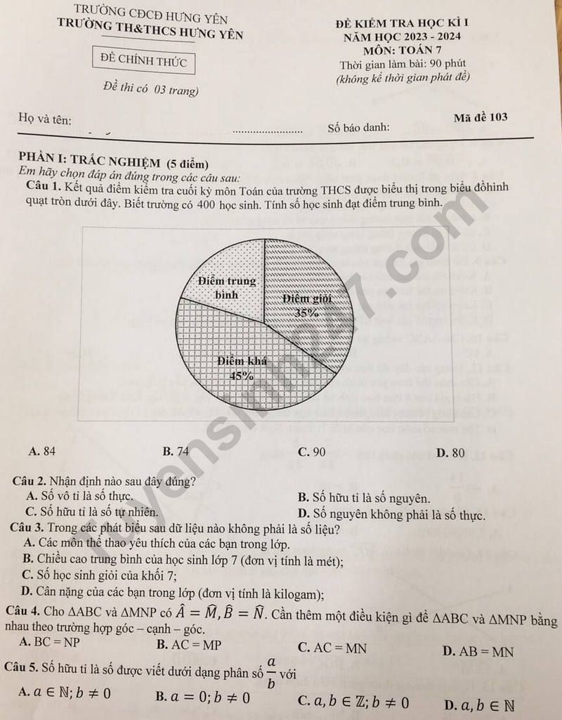 De thi ki 1 lop 7 mon Toan 2023 - THCS Hung Yen