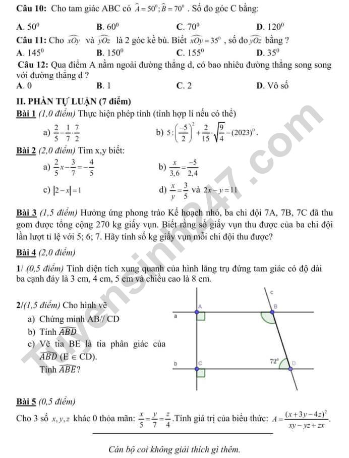 De thi ki 1 lop 7 mon Toan 2023 - Phong GD Quoc Oai