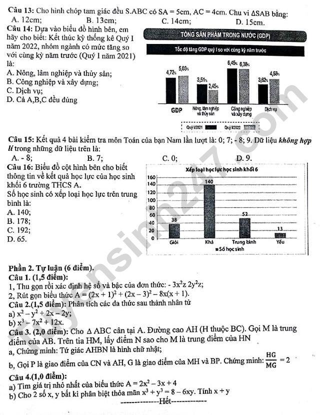 De thi ki 1 mon Toan lop 8 - Phong GD Nghia Hung 2023
