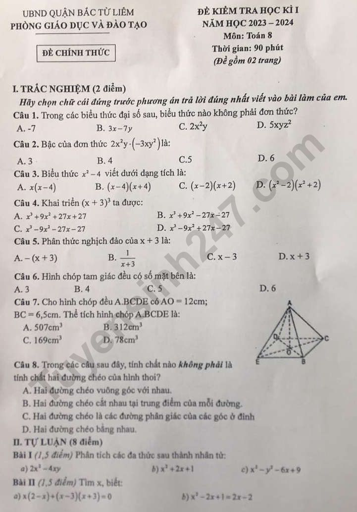 De thi hoc ki 1 lop 8 mon Toan 2023 - Quan Bac Tu Liem