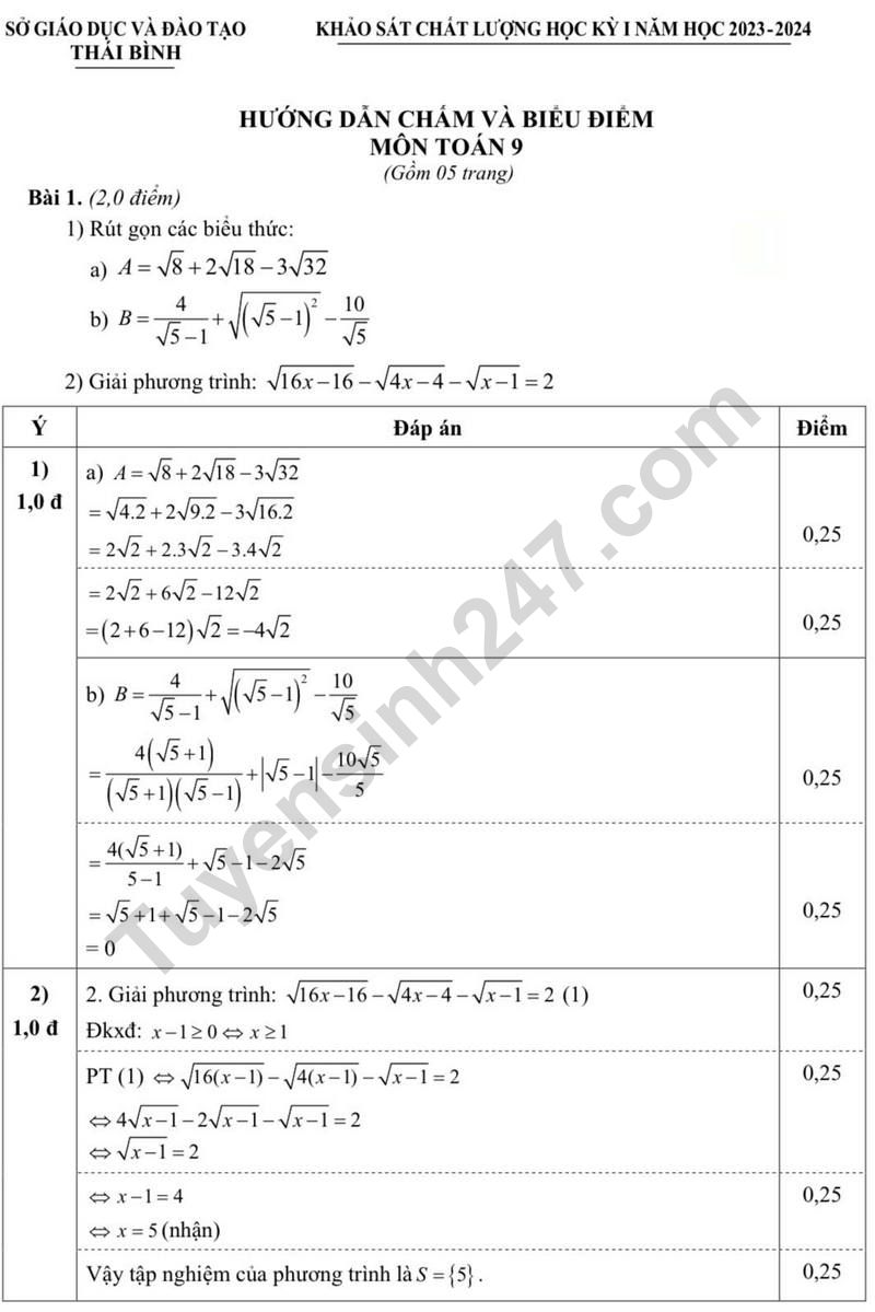 De thi HK 1 mon Toan lop 9 - So GD&DT Thai Binh 2023 (Co dap an)