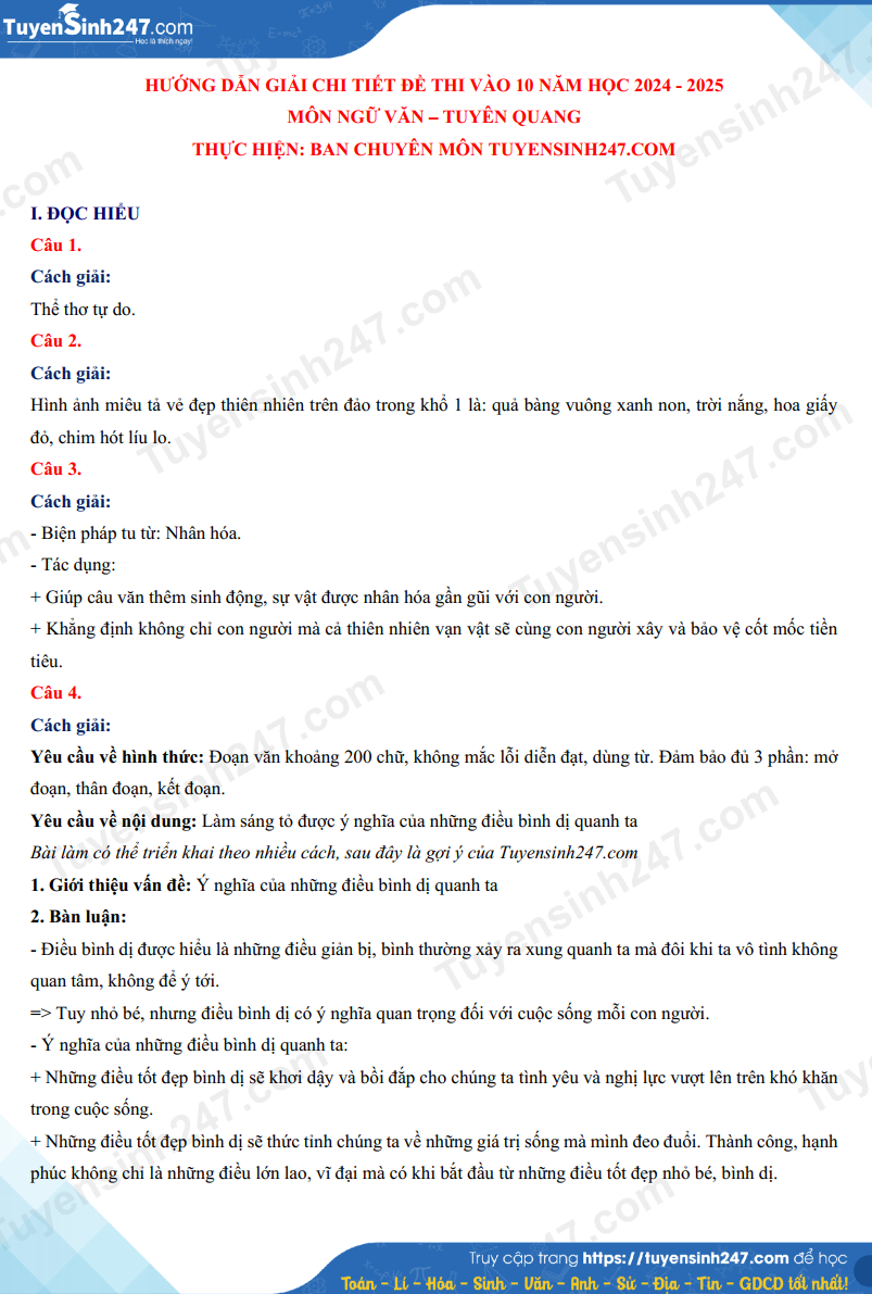 Dap an de thi vao lop 10 mon Van - Tuyen Quang 2024