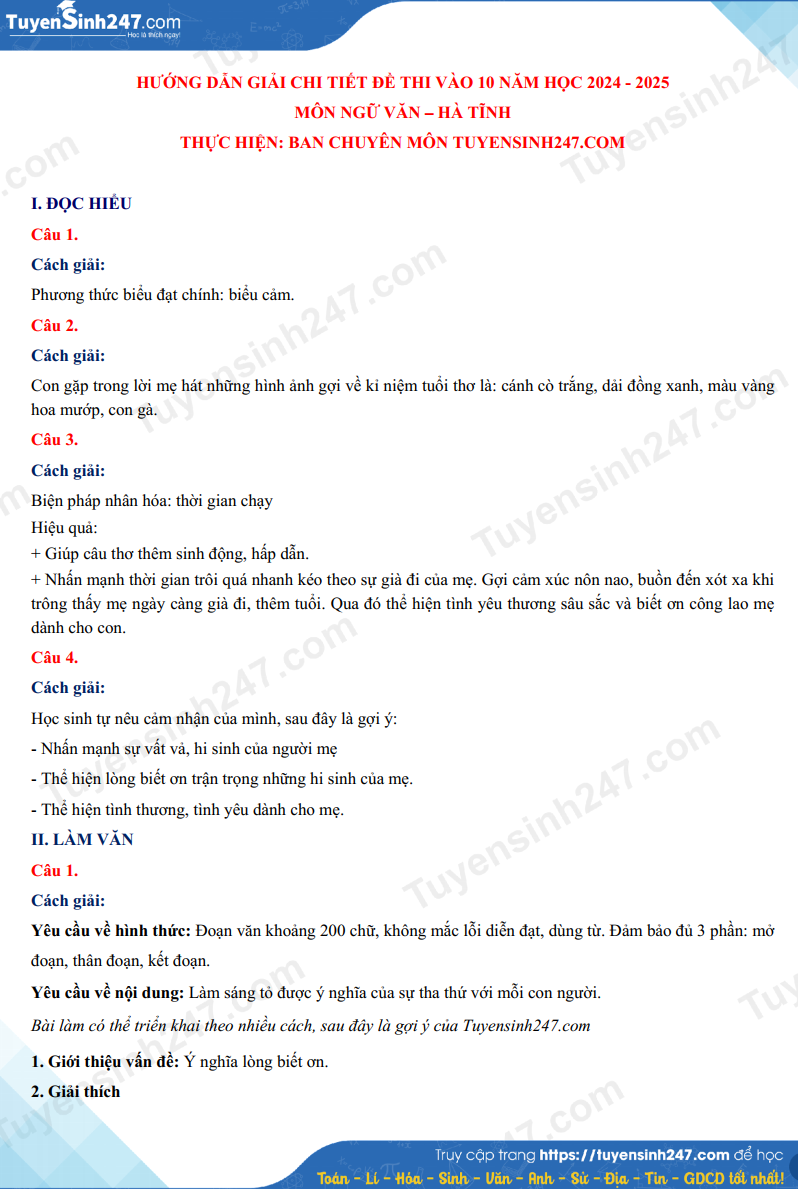 Dap an de thi vao lop 10 mon Van - Ha Tinh 2024