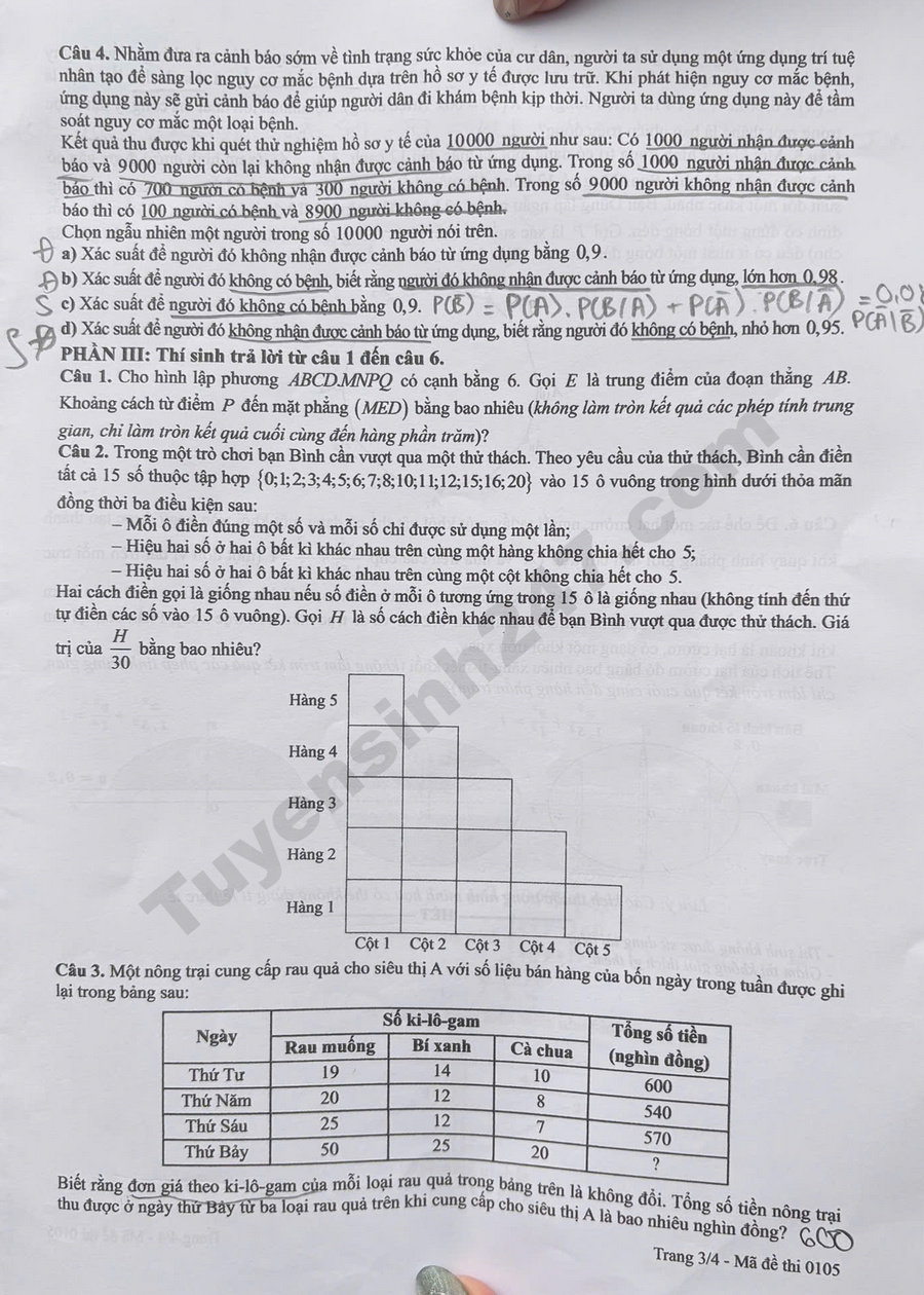 Tra cuu dap an de thi tot nghiep THPT 2026 mon Toan - Ma de 0105