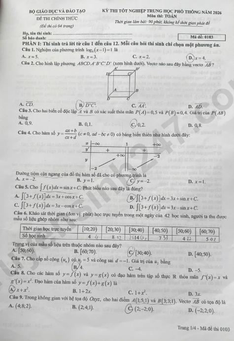 Dap an de thi tot nghiep THPT 2026 mon Toan - Ma de 0103