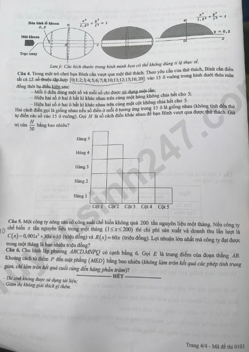 Dap an de thi tot nghiep THPT 2026 mon Toan - Ma de 0103