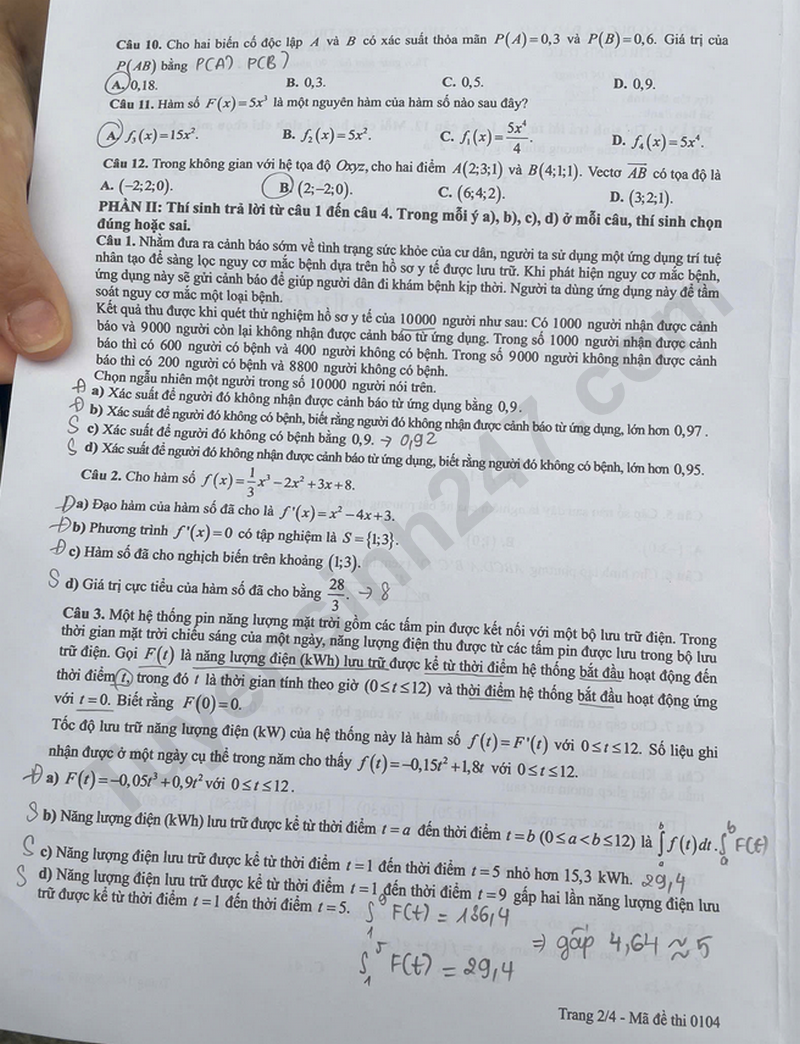Dap an de thi tot nghiep THPT 2026 mon Toan - Ma de 0104 chi tiet