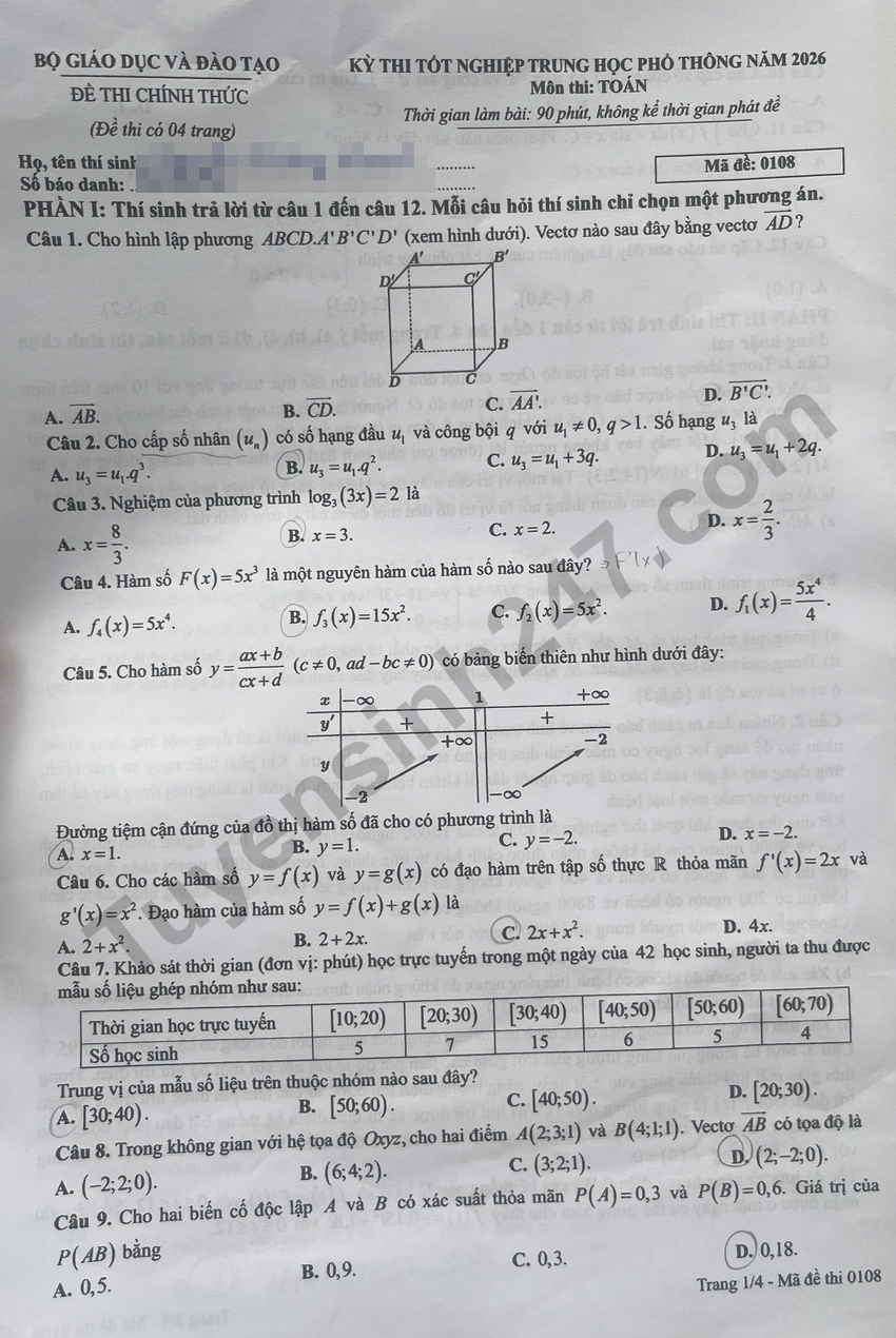 Xem dap an de thi tot nghiep THPT 2026 mon Toan - Ma de 0108