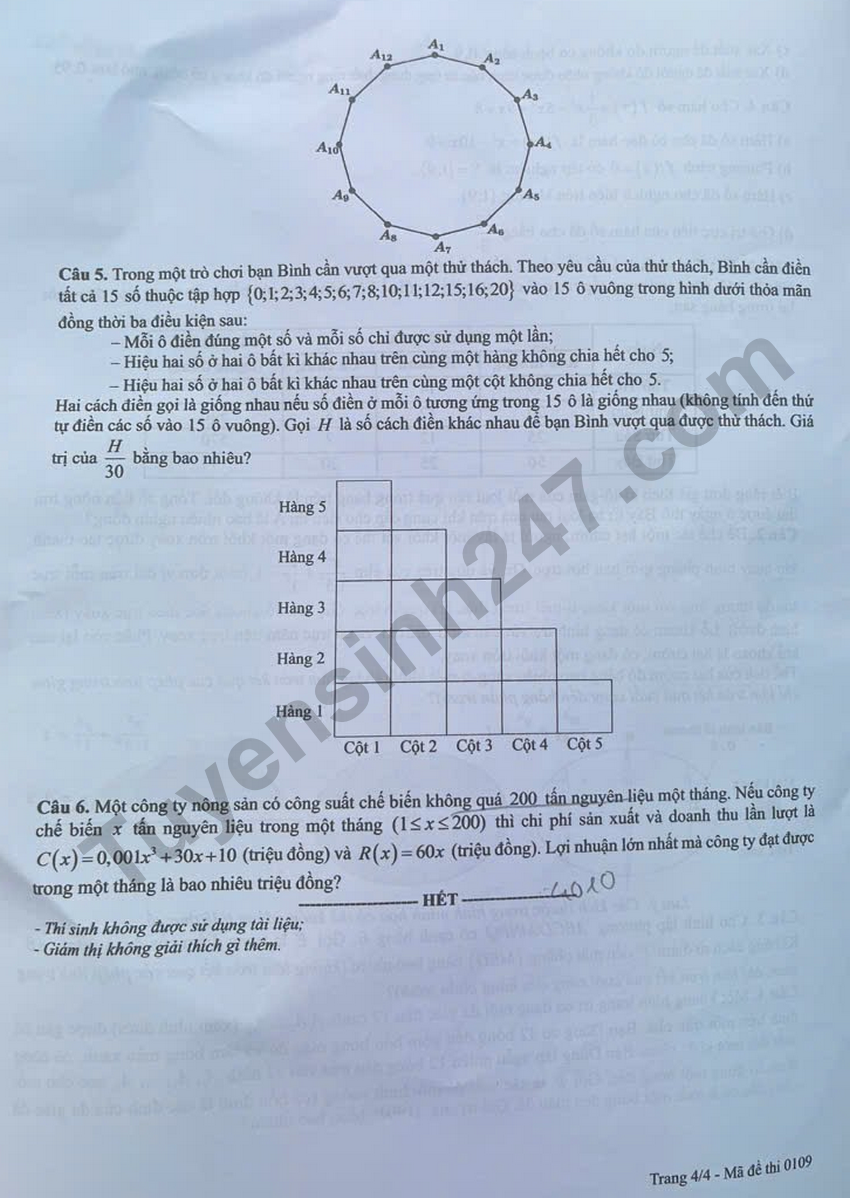 Dap an de thi mon Toan - Ma de 0109 tot nghiep THPT 2026 