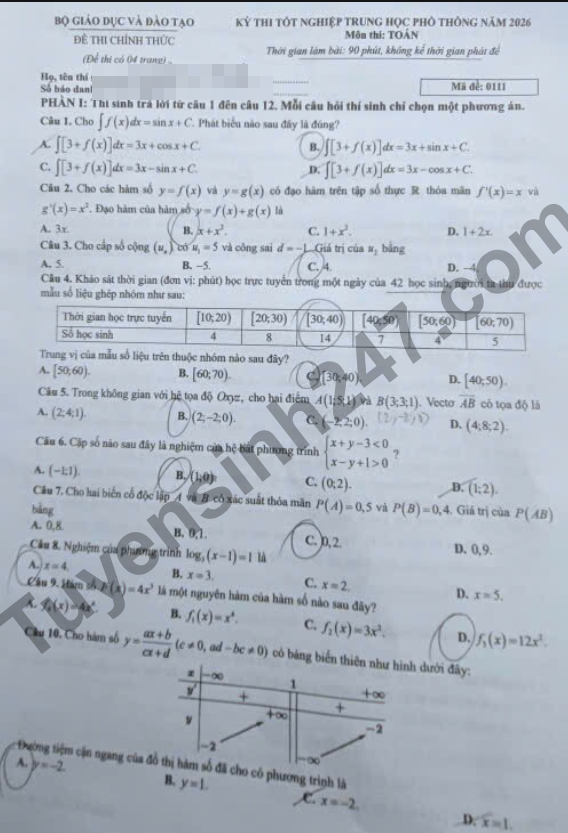 Dap an de thi tot nghiep THPT 2026 mon Toan - Ma de 0111