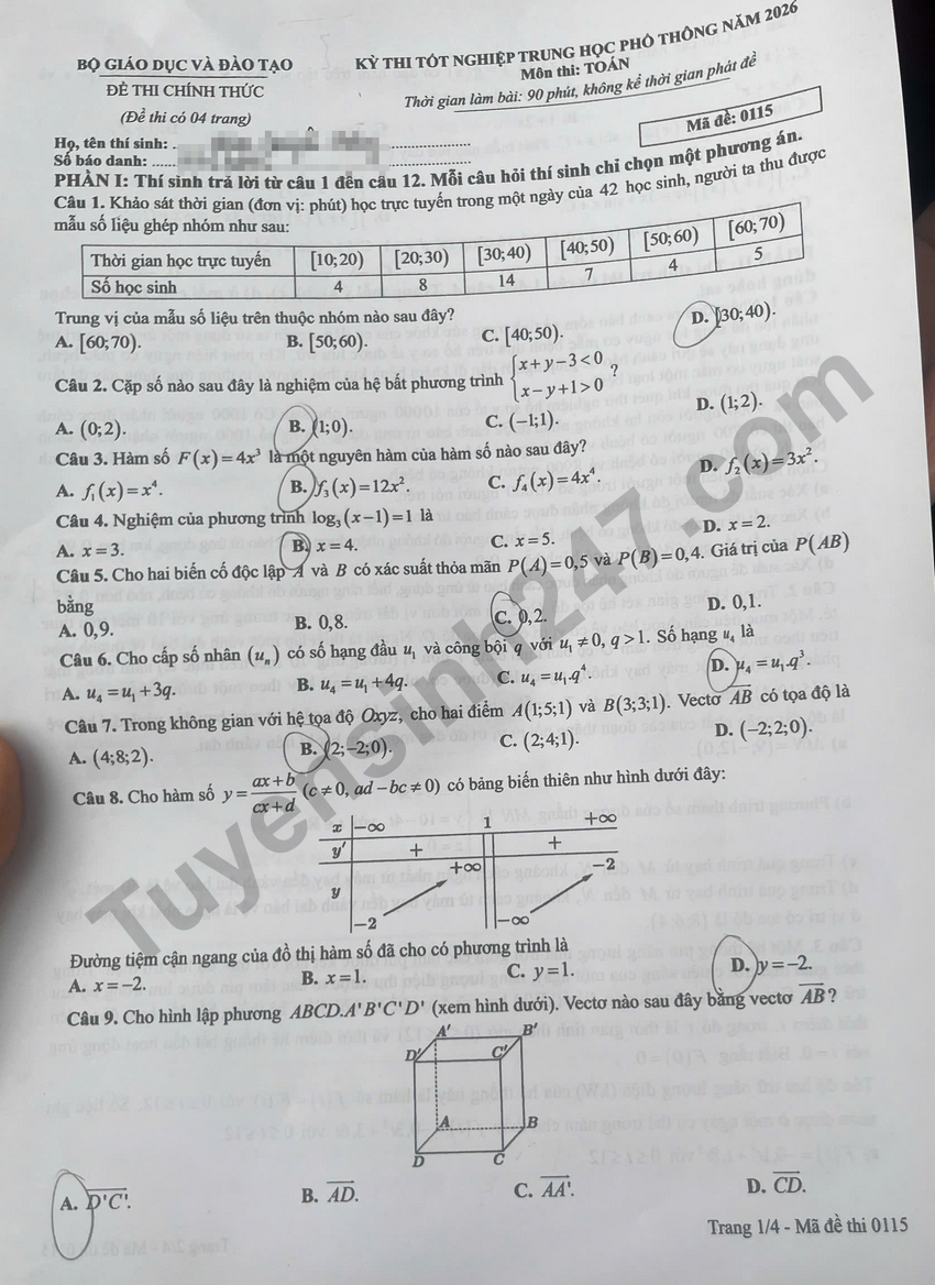 Dap an de thi tot nghiep THPT 2026 mon Toan - Ma de 0115