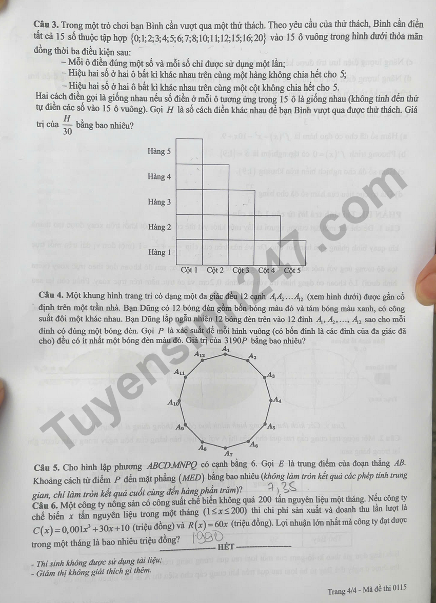 Dap an de thi tot nghiep THPT 2026 mon Toan - Ma de 0115